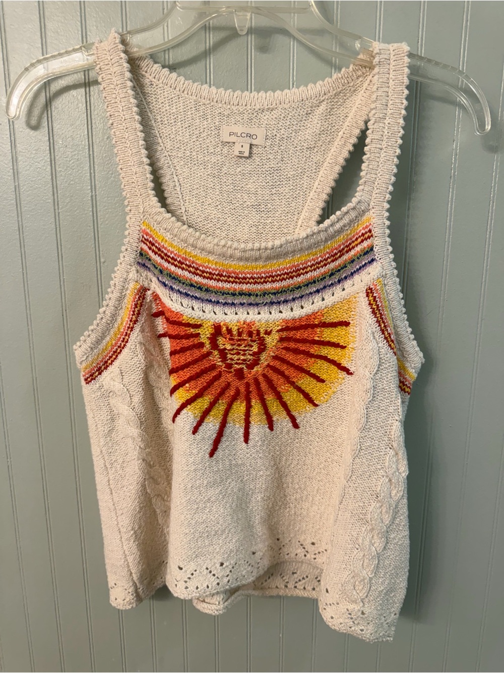 Pilcro Cream Knit Tank with Rainbow Trim and Sunburst